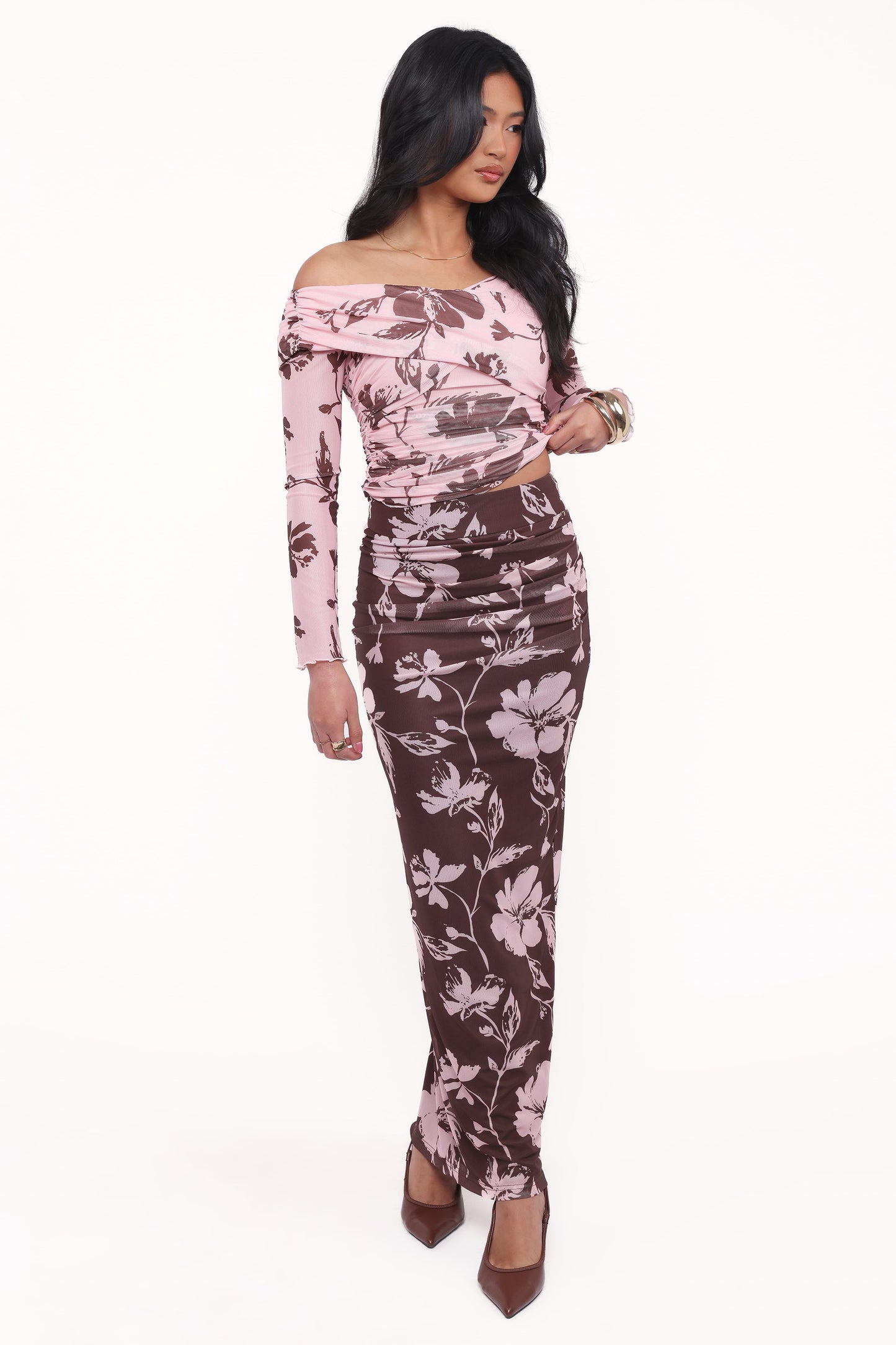 Navida Mesh Midi Skirt - Pink Brown Floral